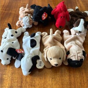 Ty Beanie Babies 8 Plush Dogs With Tags - Black, Red, White, Tan